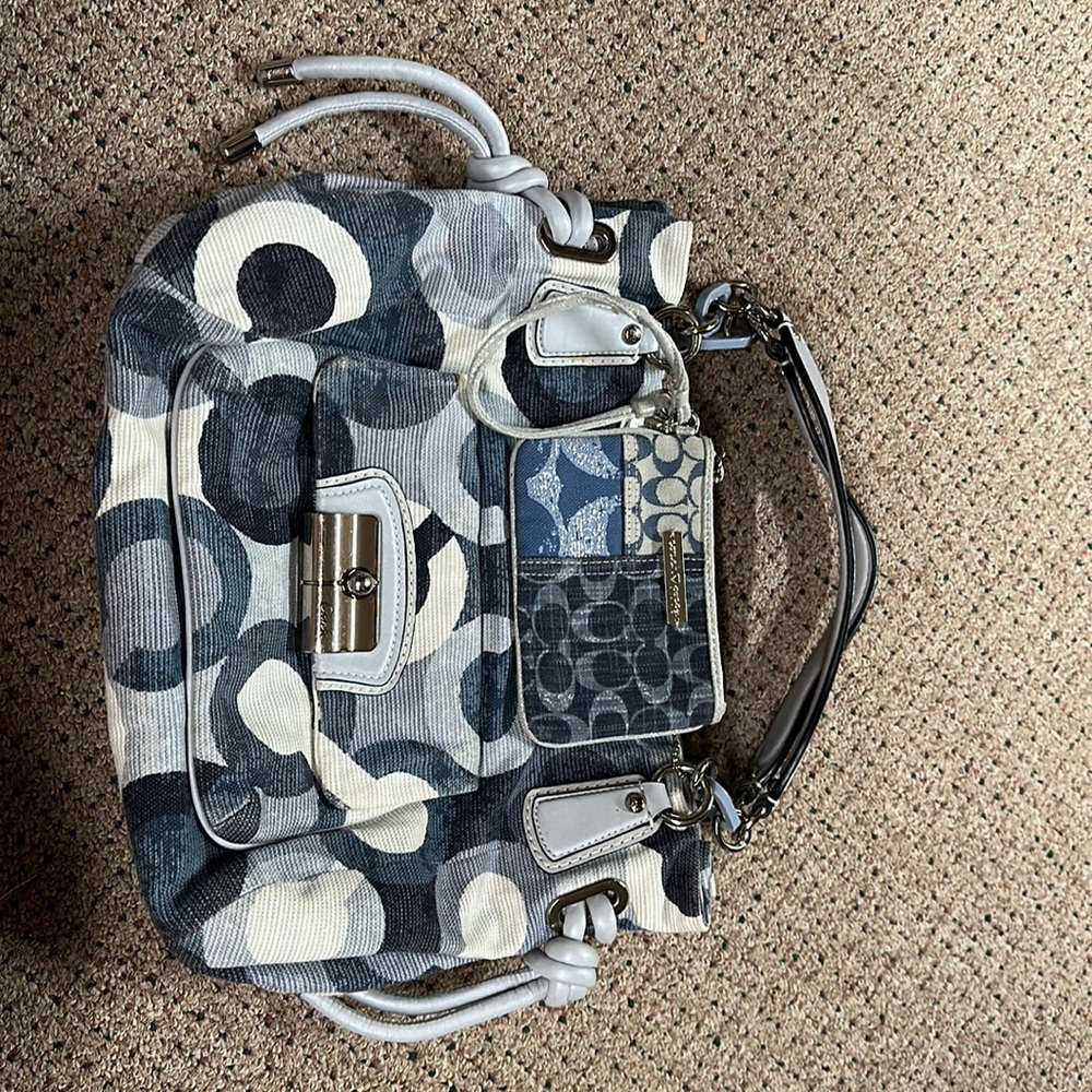 Coach blue/cream/silver shoulder purse with matching wristlet